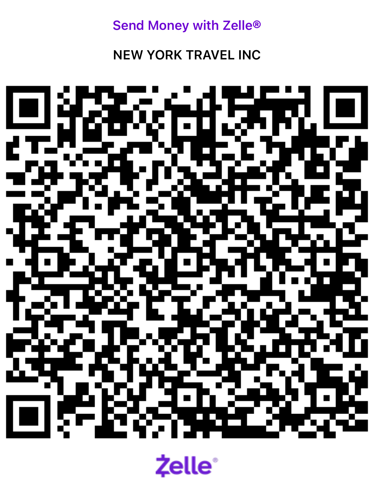 Zelle QR Code — NEW YORK TRAVEL INC